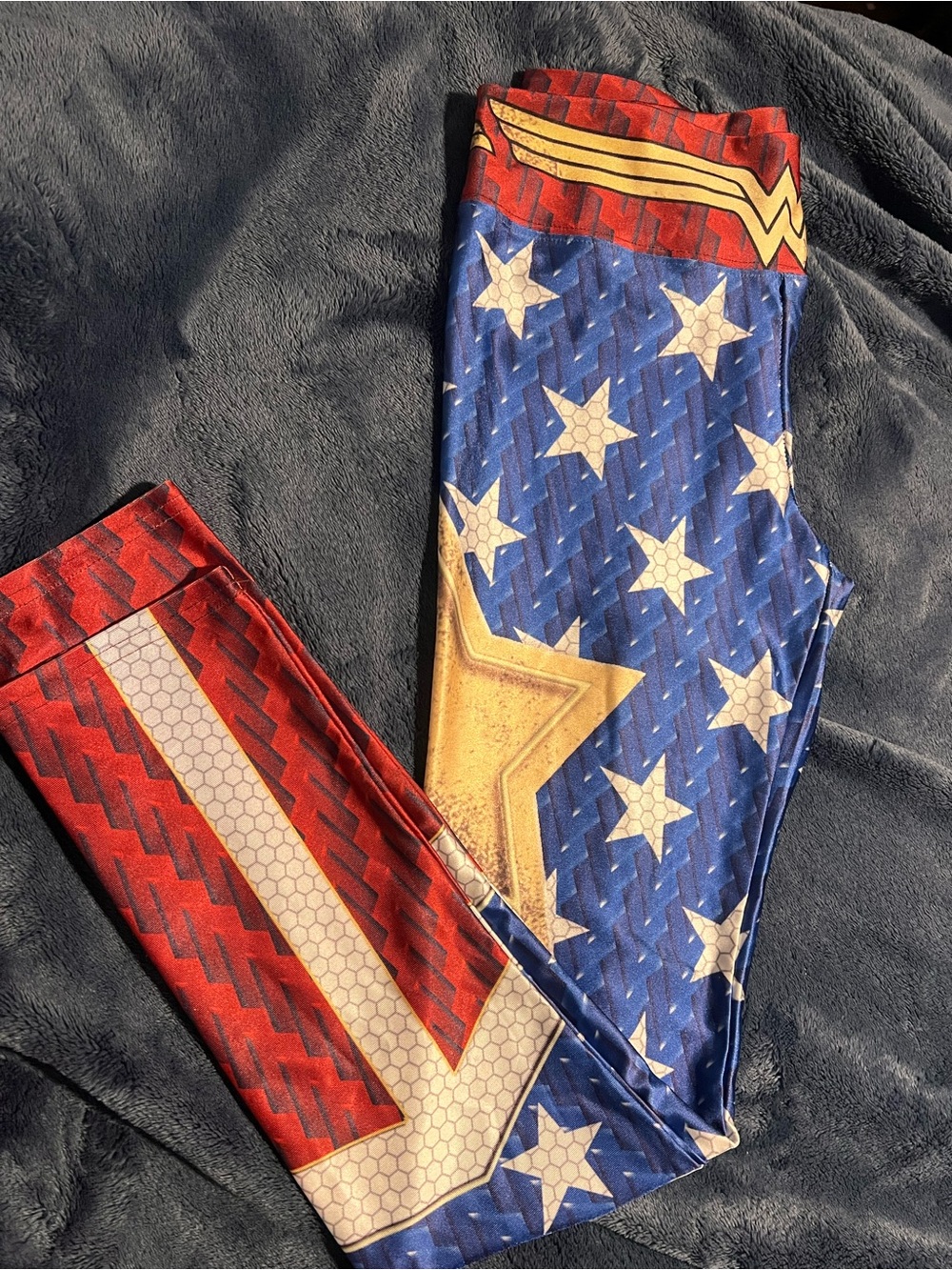Wonder Woman Graphic Superhero Leggings Red Blue Gold Stars